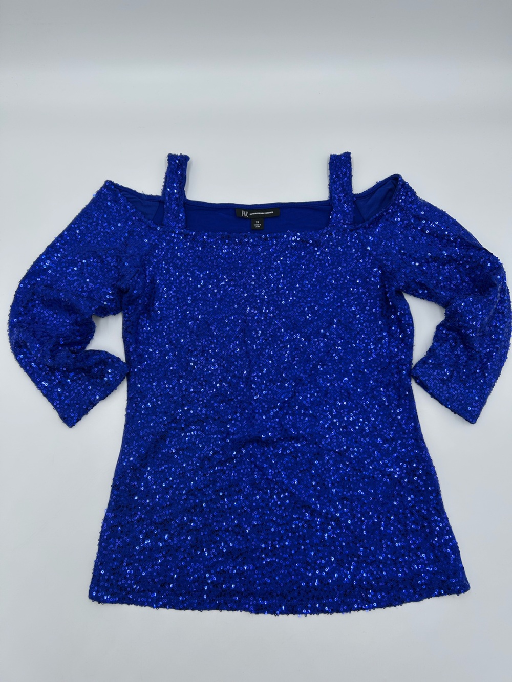 INC International Sequined Cold Shoulder Top Blue XS